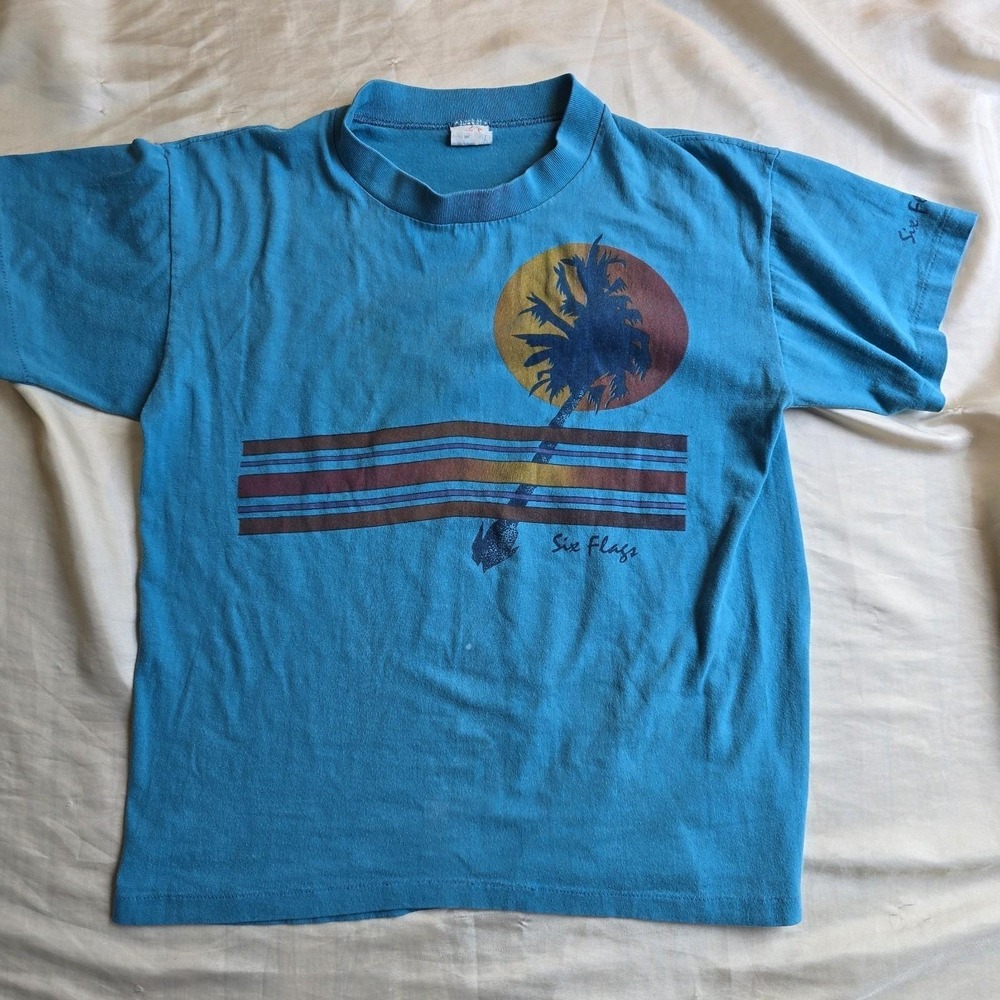 Vintage 80s 90s Six Flags Florida Palm Tree Tee M Blue Beach Sunset USA Made‎